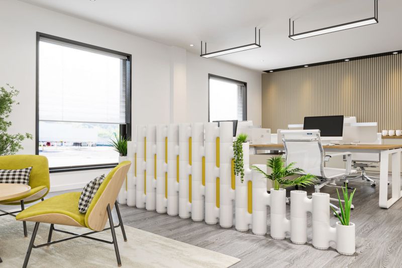 Office room divider in white with yellow acoustic filler plates